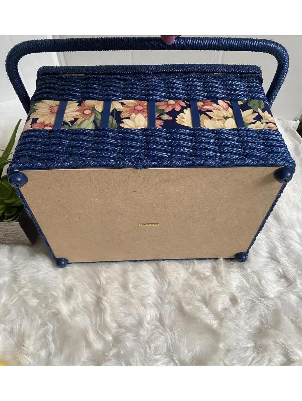 Blue Woven Floral sewing,Basket with Handle and Plastic Insert Tray